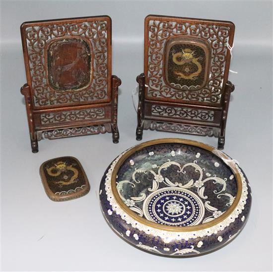 2 Chinese hardwood , Cloisonne stands and a cloisonne bowl